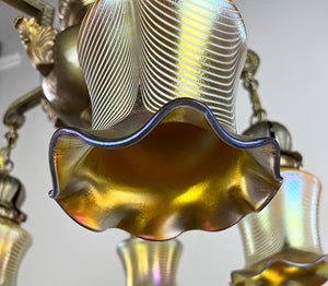 Exceptional Antique Circa 1905 Five Light Art Nouveau Edwardian Chandelier with Antique American Gold Aurene Pulled Feather Shades