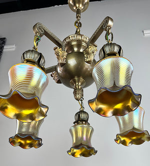 Exceptional Antique Circa 1905 Five Light Art Nouveau Edwardian Chandelier with Antique American Gold Aurene Pulled Feather Shades