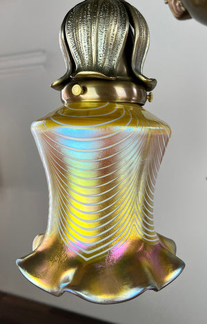 Exceptional Antique Circa 1905 Five Light Art Nouveau Edwardian Chandelier with Antique American Gold Aurene Pulled Feather Shades