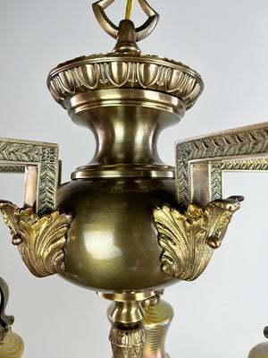 Exceptional Antique Circa 1905 Five Light Art Nouveau Edwardian Chandelier with Antique American Gold Aurene Pulled Feather Shades