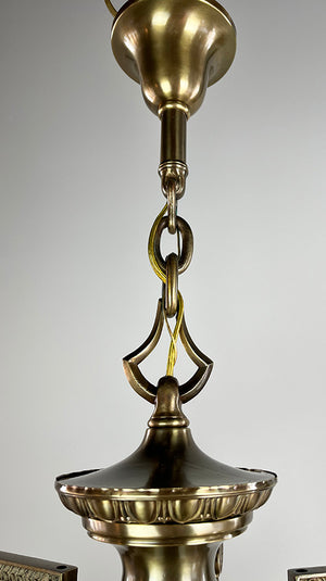 Exceptional Antique Circa 1905 Five Light Art Nouveau Edwardian Chandelier with Antique American Gold Aurene Pulled Feather Shades