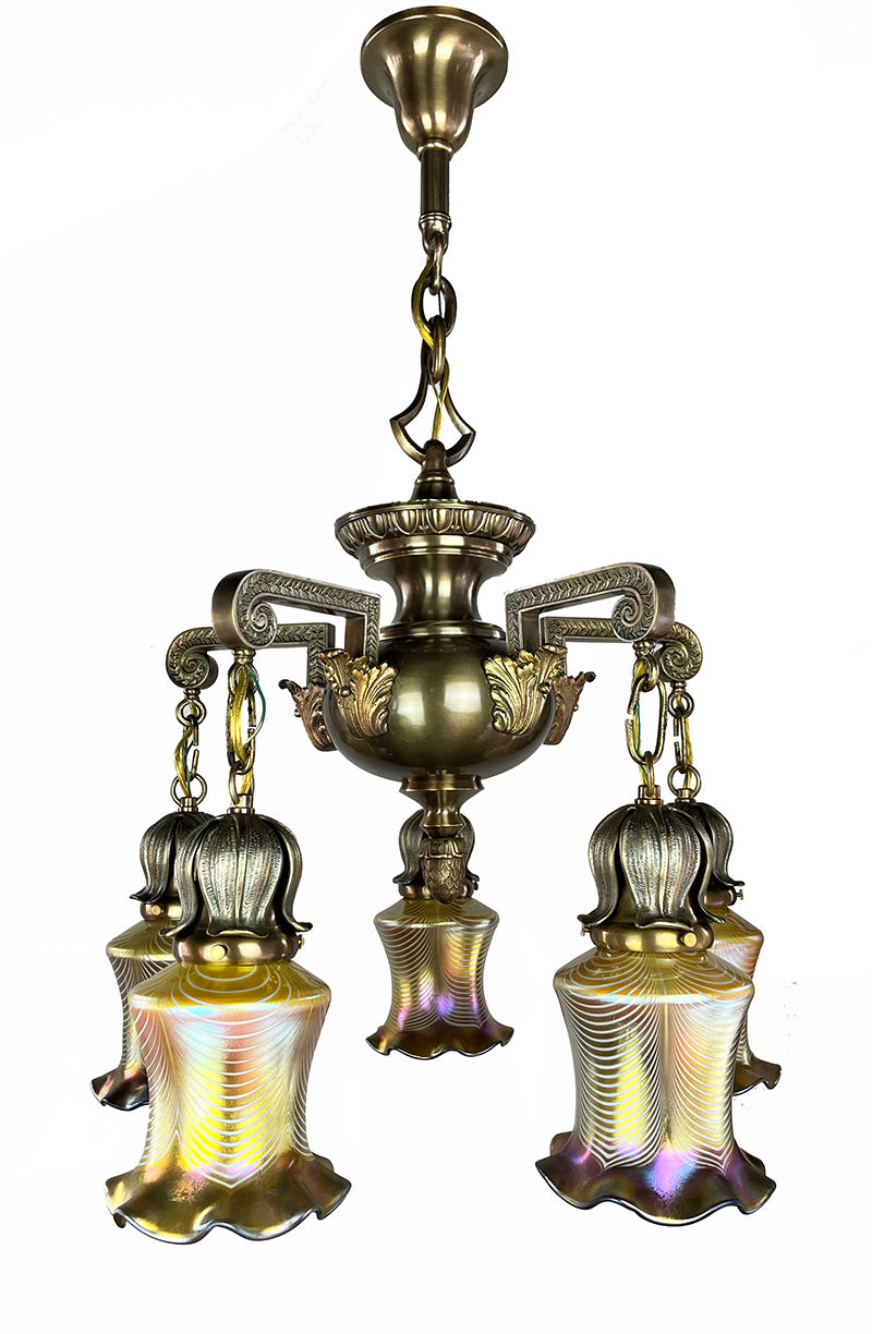 Exceptional Antique Circa 1905 Five Light Art Nouveau Edwardian Chandelier with Antique American Gold Aurene Pulled Feather Shades
