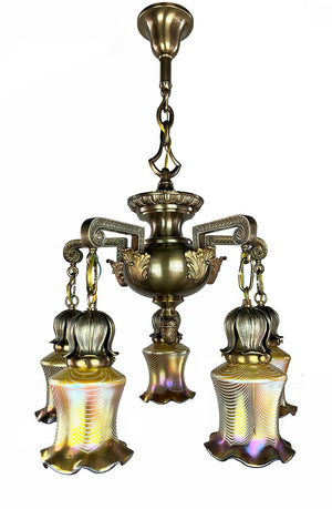Exceptional Antique Circa 1905 Five Light Art Nouveau Edwardian Chandelier with Antique American Gold Aurene Pulled Feather Shades