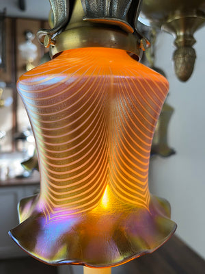 Exceptional Antique Circa 1905 Five Light Art Nouveau Edwardian Chandelier with Antique American Gold Aurene Pulled Feather Shades
