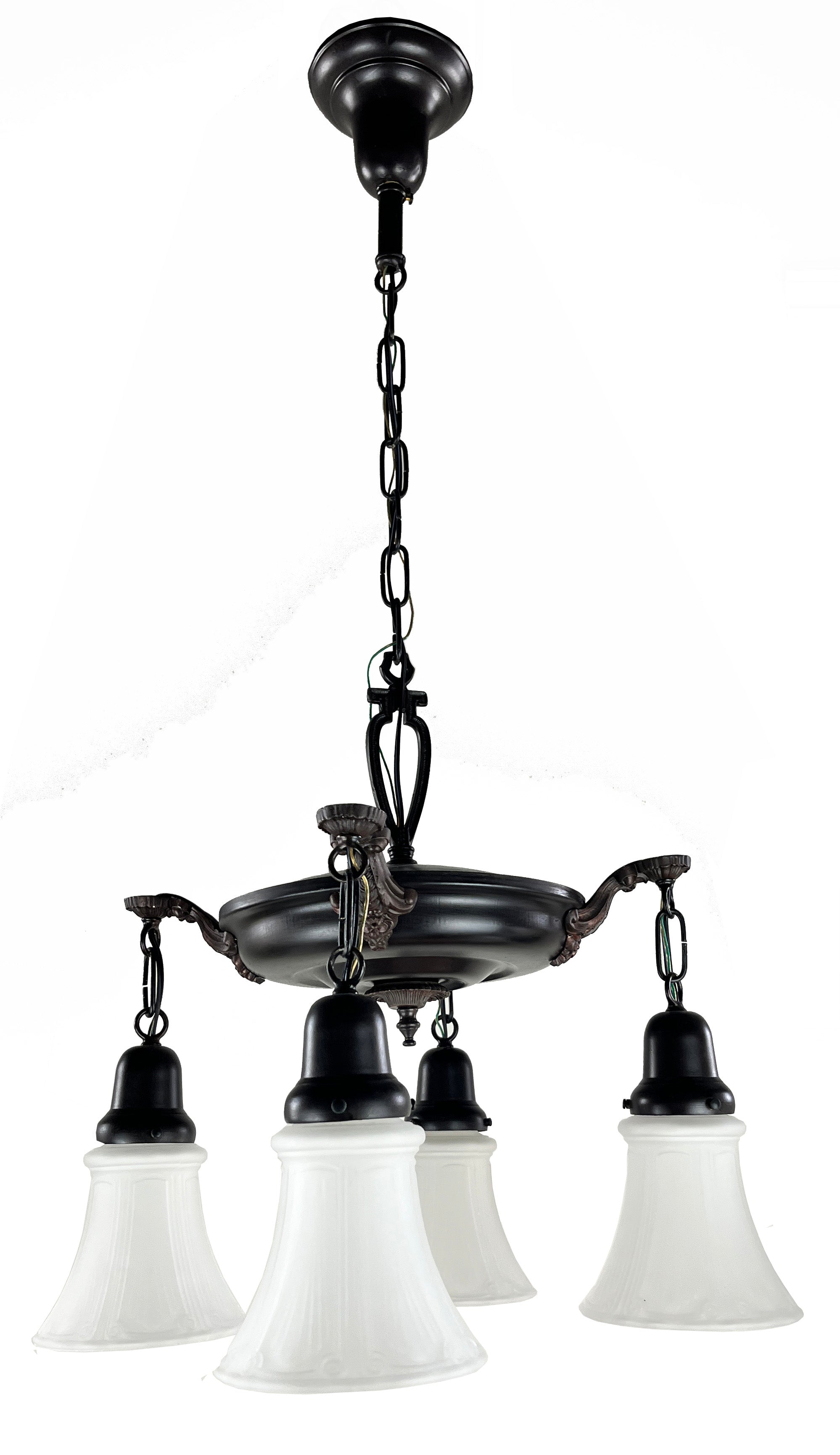Antique Circa 1920 Four Light, Pan Fixture with Cast Floral Geometric Arms