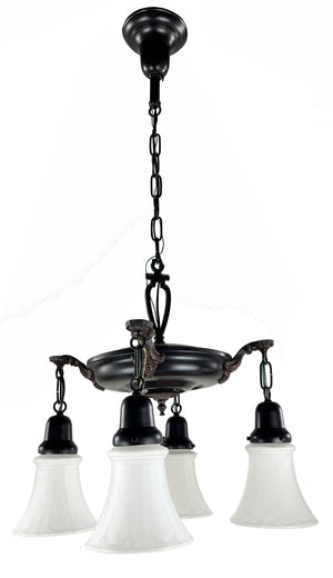 Antique Circa 1920 Four Light, Pan Fixture with Cast Floral Geometric Arms