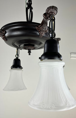 Antique Circa 1920 Four Light, Pan Fixture with Cast Floral Geometric Arms