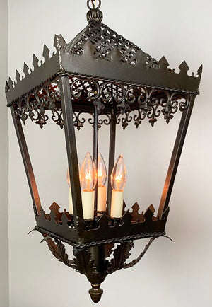 Antique Circa 1920s-30s Gothic Revival Four Sided Pierced Open Work Lantern with Trifoil Gallery and Acanthus Details