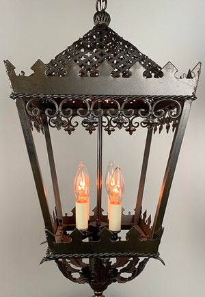 Antique Circa 1920s-30s Gothic Revival Four Sided Pierced Open Work Lantern with Trifoil Gallery and Acanthus Details