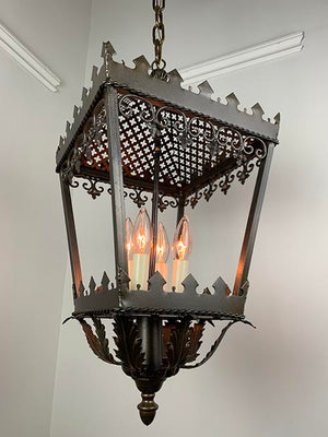 Antique Circa 1920s-30s Gothic Revival Four Sided Pierced Open Work Lantern with Trifoil Gallery and Acanthus Details