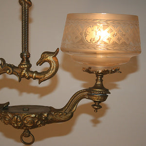 Outstanding Antique Circa 1860, Single Light,  Alladin Style Victorian Hall Fixture With Phoenix Details, and Antique Wheelcut Shade.