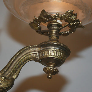 Outstanding Antique Circa 1860, Single Light,  Alladin Style Victorian Hall Fixture With Phoenix Details, and Antique Wheelcut Shade.