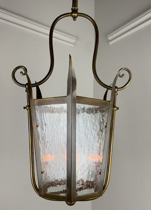 Antique Circa 1900 Six Sided Brass Lantern with Cast Scroll Details and Original Textured Glass Panels.