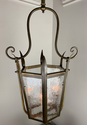 Antique Circa 1900 Six Sided Brass Lantern with Cast Scroll Details and Original Textured Glass Panels.