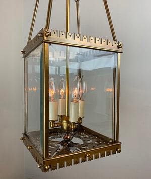 Antique Circa 1880 Eastlake Converted Gas Lantern Attributed to Mitchell Vance with Cast Bottom Gallery and Beveled Glass