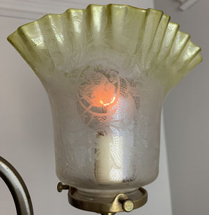 Antique Circa 1900s Two Light Gas Converted / Early Electric Fixture with Antique Shade.