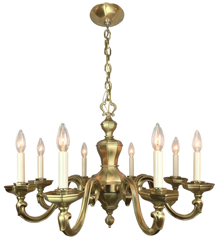 Antique Circa 1930 Eight Light Cast Scroll Arm Brass Chandelier with  Octagonal Center Body