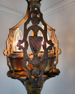 Antique Circa 1920 Three Light, Tudor Revival Lantern with Crest Motifs and Original Hammered Finish.