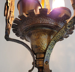 Antique Circa 1920 Three Light, Tudor Revival Lantern with Crest Motifs and Original Hammered Finish.