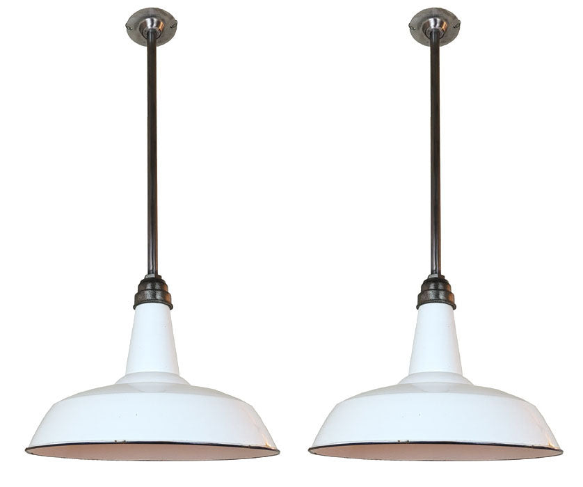 $950 PAIR - Antique Circa 1910 Single Light, All Original Oversized White Enamel Pendant Fixtures with Steel Hardware