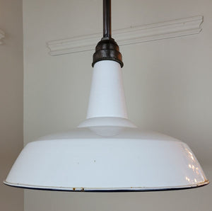 $950 PAIR - Antique Circa 1910 Single Light, All Original Oversized White Enamel Pendant Fixtures with Steel Hardware