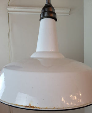 $950 PAIR - Antique Circa 1910 Single Light, All Original Oversized White Enamel Pendant Fixtures with Steel Hardware