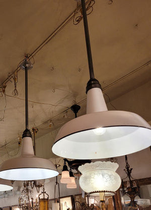 $950 PAIR - Antique Circa 1910 Single Light, All Original Oversized White Enamel Pendant Fixtures with Steel Hardware