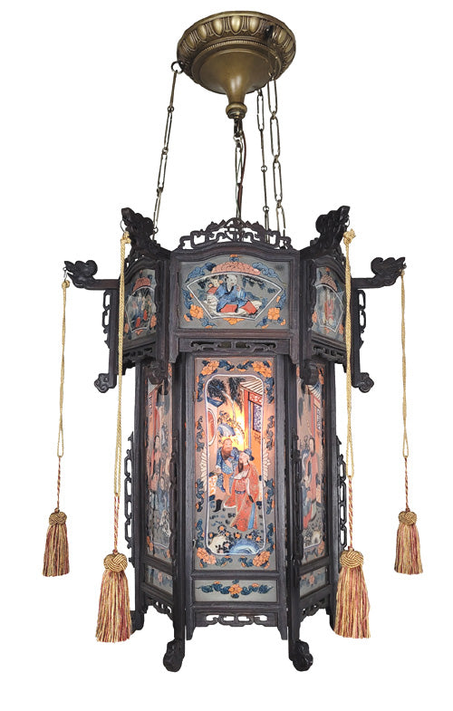 1900s Antique Chinese Wooden Lantern Handpainted Lighting