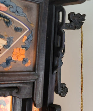 Antique Circa 1900s Spectacular Single Light Chain Suspended Hand Carved Wooden Chinese Lantern with Original Handpainted Glass Panels