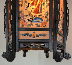 Antique Circa 1900s Spectacular Single Light Chain Suspended Hand Carved Wooden Chinese Lantern with Original Handpainted Glass Panels