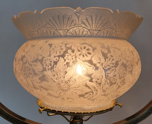Antique Circa 1870 Renaissance Revival Single Light, Gothic Influenced Converted Gas Cast Hall Hoop with Exceptional Crown Top Deep Acid Etched Floral Gas Shade.