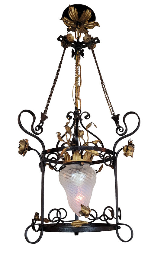 1905 Wrought Iron Lantern Fixture Opalescent Glass