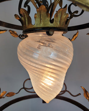 Antique Circa 1905 Single Light, Wrought Iron Lantern Fixture with Organic Leaf Details and an Antique Opalescent Swirl Shade.