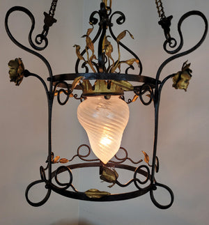 Antique Circa 1905 Single Light, Wrought Iron Lantern Fixture with Organic Leaf Details and an Antique Opalescent Swirl Shade.