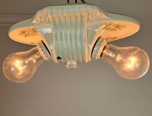 Antique Circa 1930 Two Light,  Art Deco White Porcelain Oval Flushmount Fixture with Painted Floral Motifs