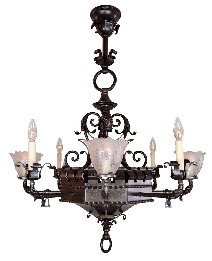 Antique Circa 1890, Spectacular Eight Light, R Williamson & Co. of Chicago Converted Gas Electric Chandelier with Eight Sided Center Body and Antique Lion Pressed Glass Stencil Etched Shades