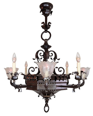 Antique Circa 1890, Spectacular Eight Light, R Williamson & Co. of Chicago Converted Gas Electric Chandelier with Eight Sided Center Body and Antique Lion Pressed Glass Stencil Etched Shades