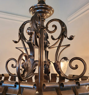 Antique Circa 1890, Spectacular Eight Light, R Williamson & Co. of Chicago Converted Gas Electric Chandelier with Eight Sided Center Body and Antique Lion Pressed Glass Stencil Etched Shades