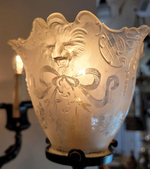 Antique Circa 1890, Spectacular Eight Light, R Williamson & Co. of Chicago Converted Gas Electric Chandelier with Eight Sided Center Body and Antique Lion Pressed Glass Stencil Etched Shades