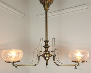 Antique Circa 1880s, Two Light,  Aesthetic Movement Converted Gas Fixture with Antique 5" Wheelcut Shades