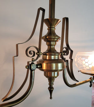 Antique Circa 1880s, Two Light,  Aesthetic Movement Converted Gas Fixture with Antique 5" Wheelcut Shades