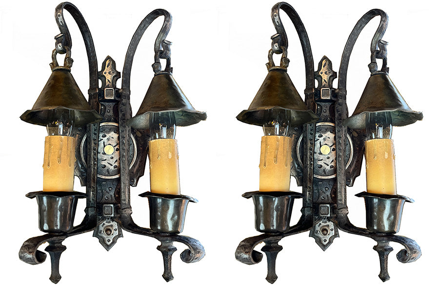 $750 PAIR - Circa 1920 Arts and Crafts/ Spanish Revival Wrought Iron and Hammered Brass Wall Sconce