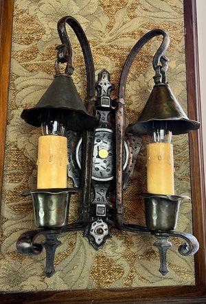 $750 PAIR - Circa 1920 Arts and Crafts/ Spanish Revival Wrought Iron and Hammered Brass Wall Sconce