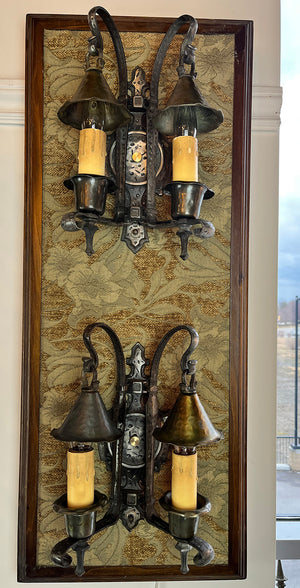 $750 PAIR - Circa 1920 Arts and Crafts/ Spanish Revival Wrought Iron and Hammered Brass Wall Sconce