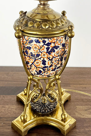 Stunning 1880s Aesthetic Movement Lamp in the Style of Christopher Dresser with Floral Porcelain Center Urn