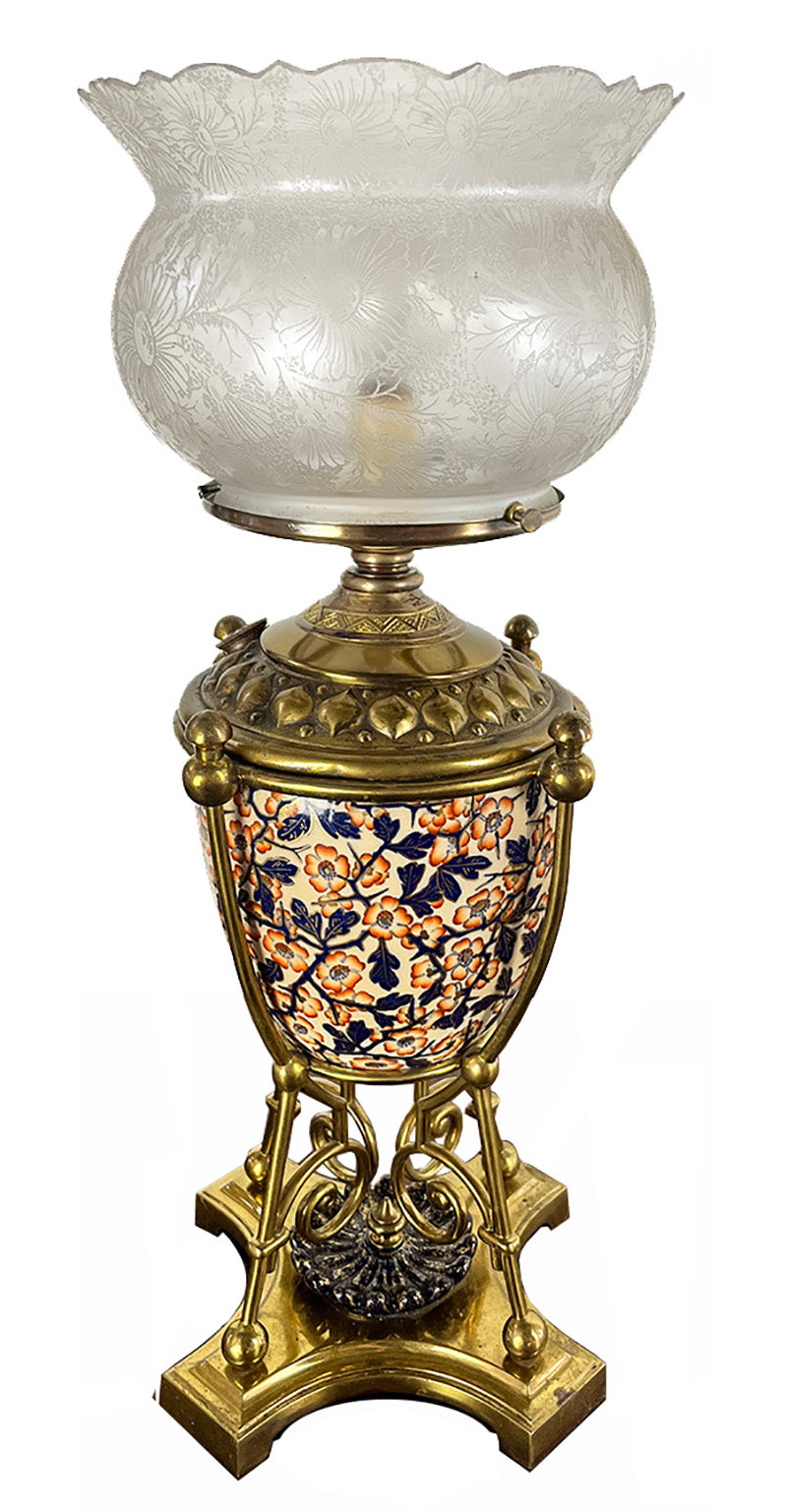 Stunning 1880s Aesthetic Movement Lamp in the Style of Christopher Dresser with Floral Porcelain Center Urn