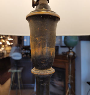 Antique Circa 1920 Turned Wooden Floor Lamp with Beaded Details and a Handmade Lampshade