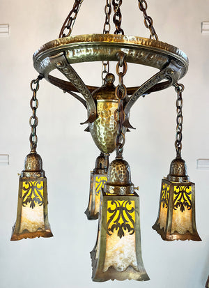 Antique Circa 1905-10 Four Light Hammered Arts and Crafts Cascade with Restored Original Finish and Original Four Sided Slag Glass Bell Shades