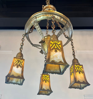 Antique Circa 1905-10 Four Light Hammered Arts and Crafts Cascade with Restored Original Finish and Original Four Sided Slag Glass Bell Shades