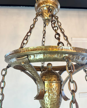 Antique Circa 1905-10 Four Light Hammered Arts and Crafts Cascade with Restored Original Finish and Original Four Sided Slag Glass Bell Shades
